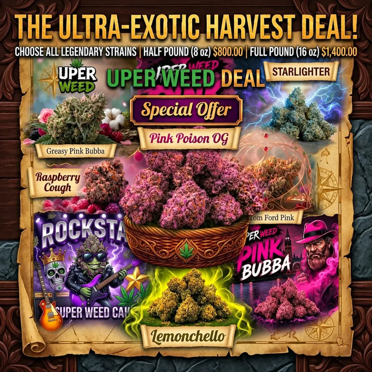 The Ultra-Exotic Harvest Deal! Choose All Legendary Strains | Half Pound (8 oz) $800.00 | Full Pound (16 oz) $1,400.00 photo 1